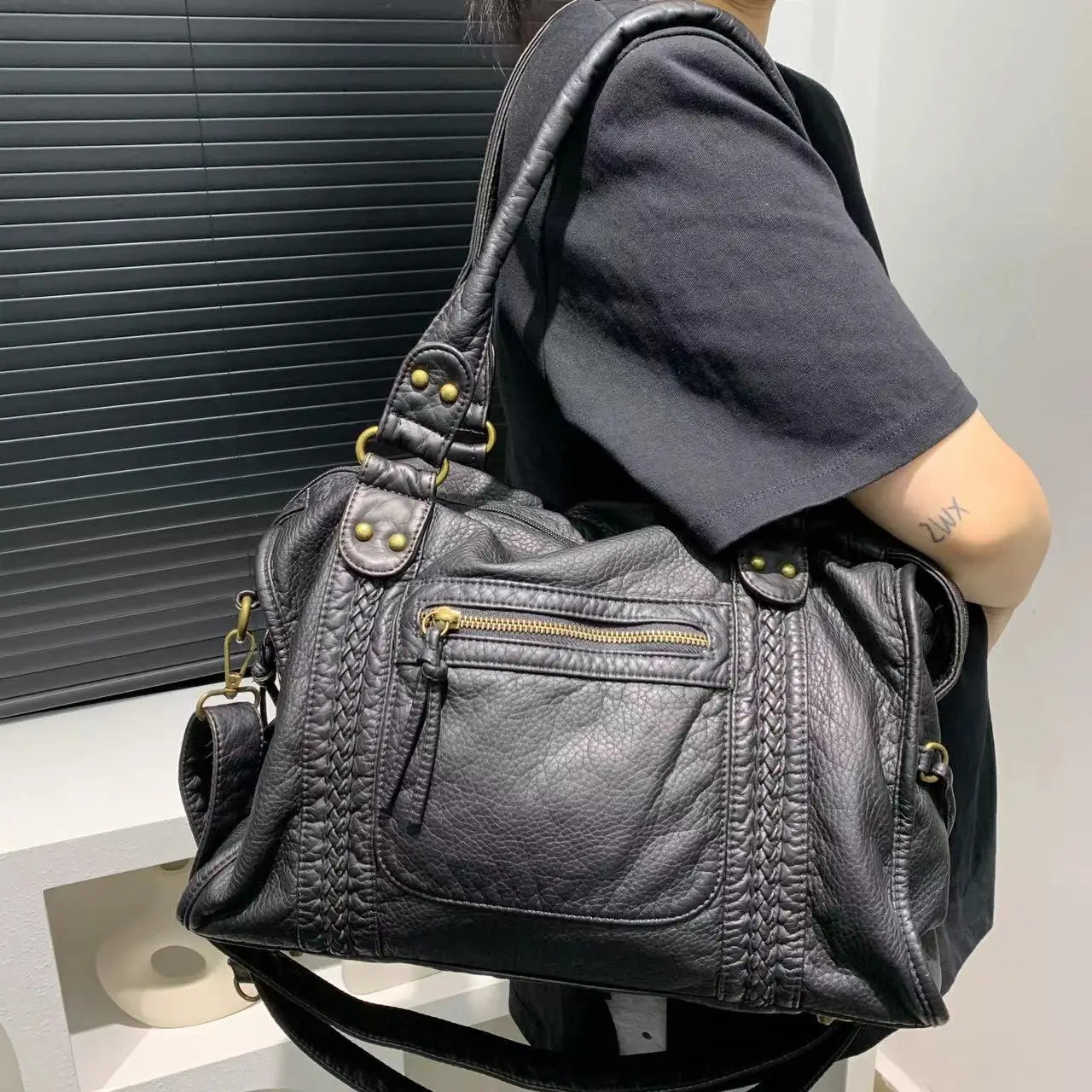 One Shoulder Crossbody Bag Vintage Washed Leathe - PINKED